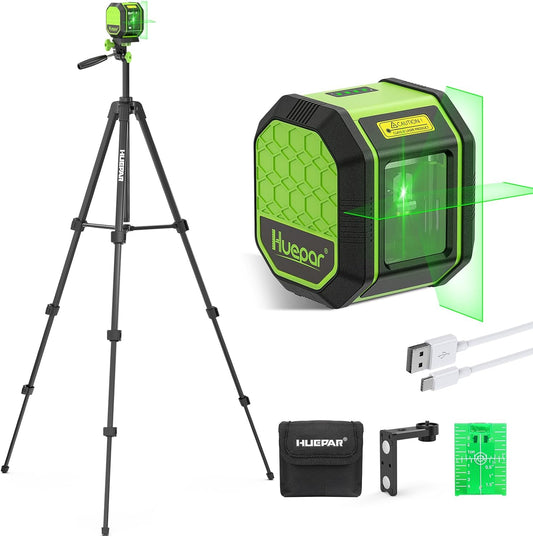 Laser Level with 60 Inch Tripod, Huepar 100Ft Self Leveling Laser Level Rechargeable Green Cross Line Lazer Leveler Tool for Picture Hanging, Tile, Home Renovation, 360° Magnetic Bracket &Target Plate