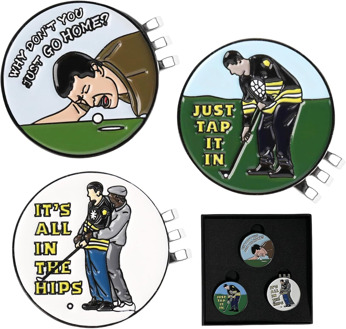 Golf Ball Marker with Magnetic Hat Clip, 3 Pack Happy-Gilmore Golf Ball Markers, Personalized Golf Accessories for Hats, Gloves, Bags, Perfect for Golf Rounds, Practice, Gifts for Golf Fans