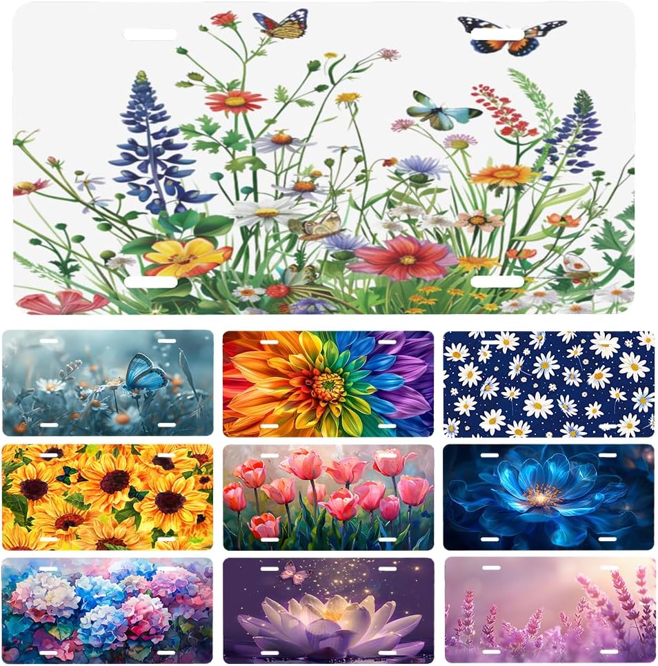 Custom Front License Plate for Car Designs Personalized Flower Stainless License Plate Cover Holder for Men Women Metal Aluminum Decorative Accessory Vanity Tag Standard 6 X 12 inch (4 Holes)