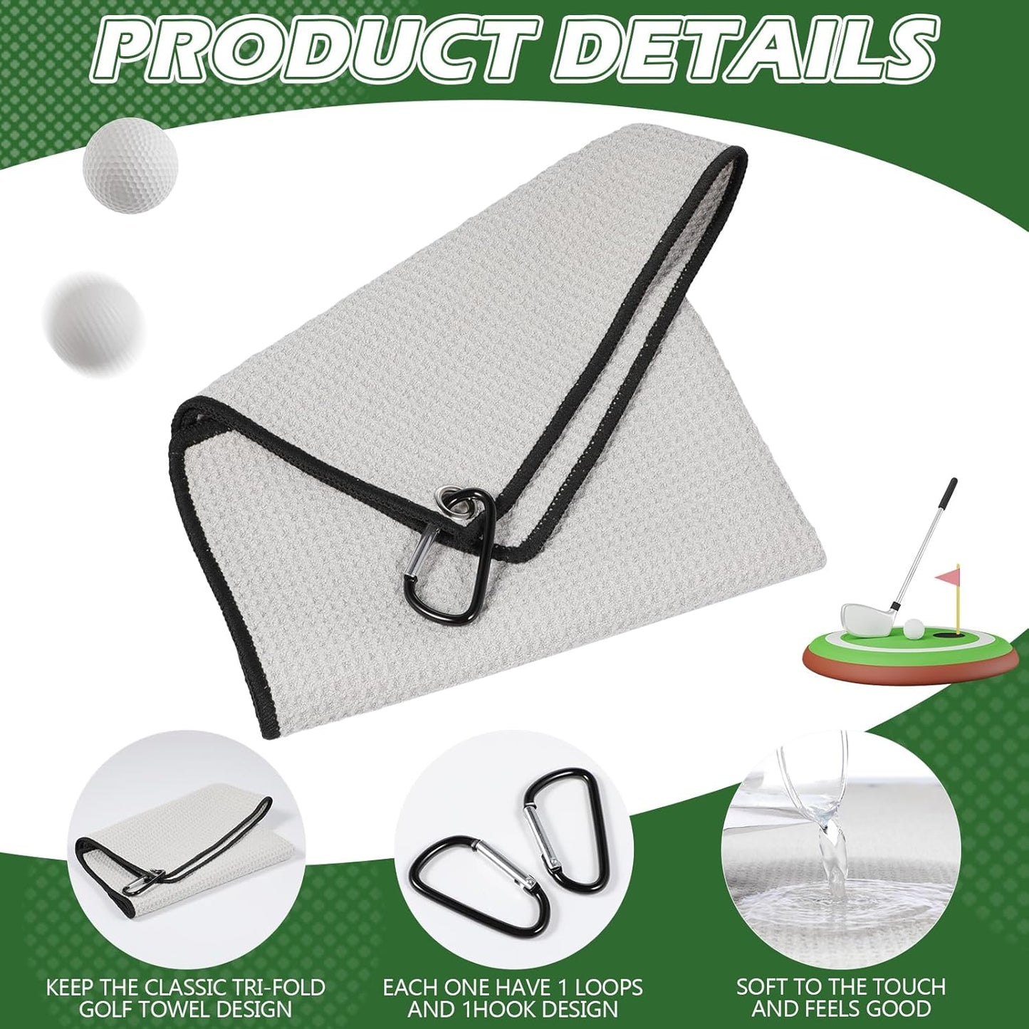 Batiyeer 30 Pcs Bulk Golf Towels for Golf Bags 16'' x 16'' Microfiber Fabric Golf Towel Waffle Pattern with Clip for Bags Men Mini Tournament Fitness Yoga Camping(Gray)