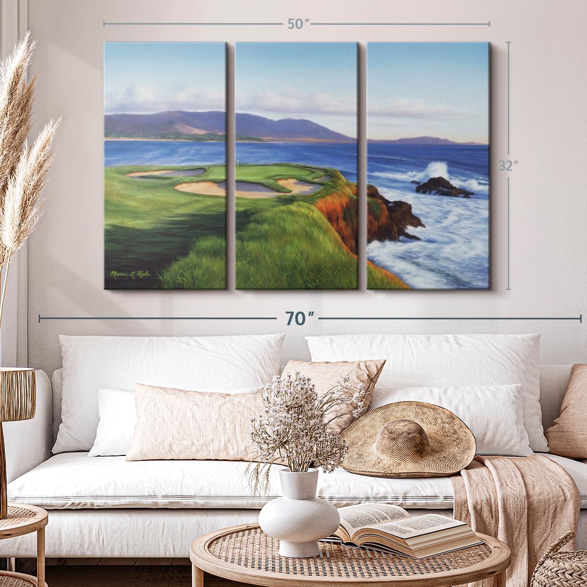 ElephantStock Pebble Beach 7th Hole Wall Art - Horizontal Canvas - 3-Piece Living Room Wall Decor - Painting Sports Canvas Print - Green and Blue Decor for Wall by Marci Rule - 50" X 32"