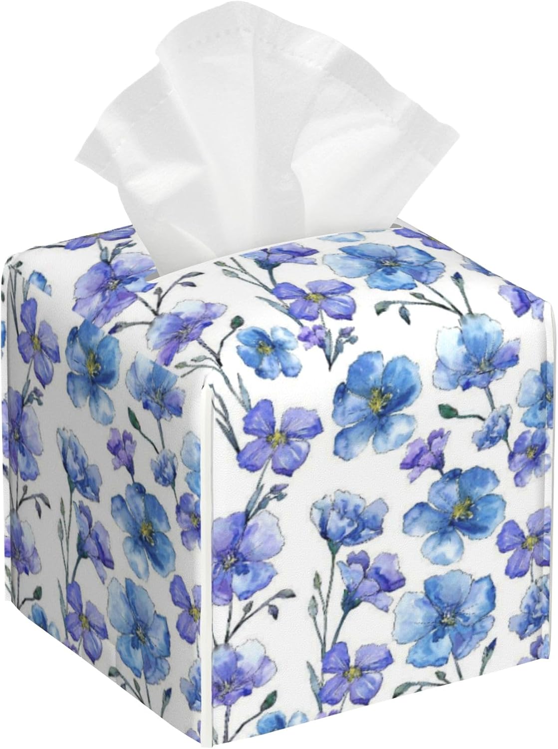 Blue Spring Wildflower Tissue Box Holder,Square Leather Tissue Box Cover with Bottom Belt,Waterproof Modern Napkin Holder Organizer for Bathroom Nightstand Vanity Office Tabletop,5.2" x 5.2" x 5.2"