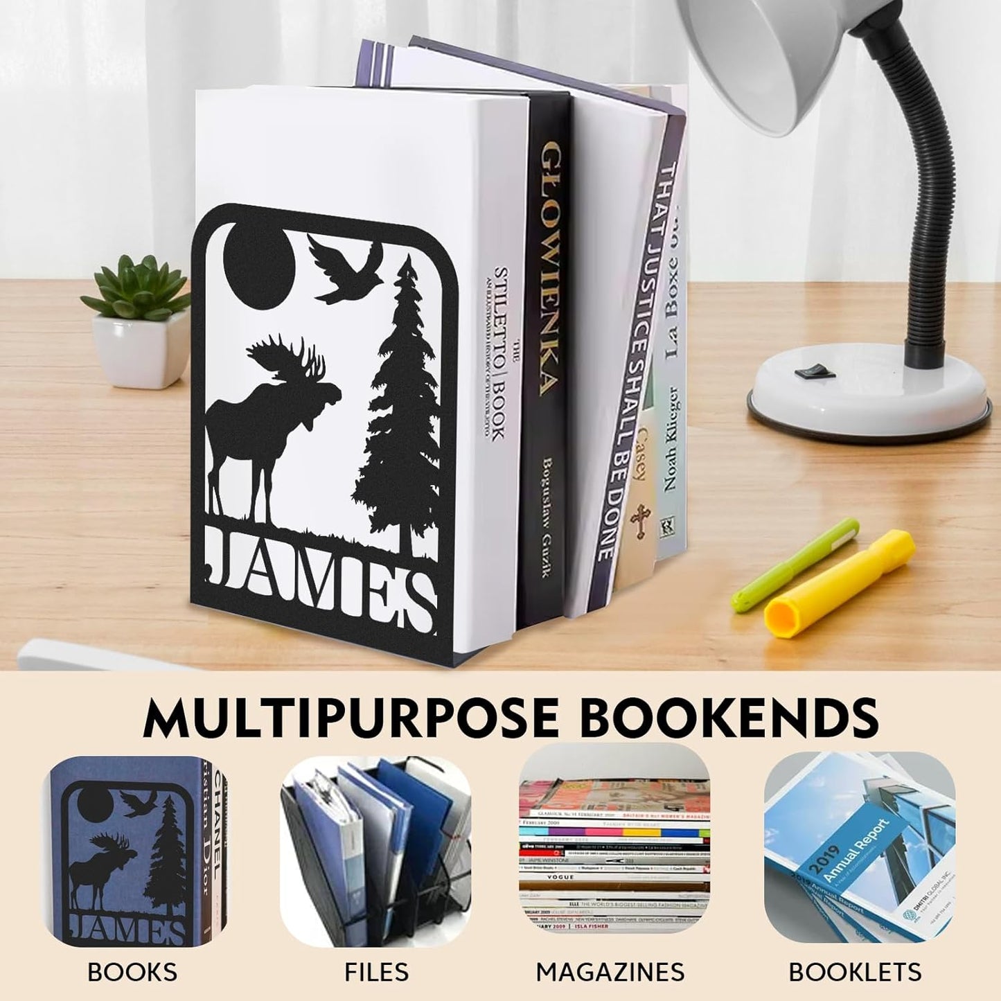 Custom Deer Metal Book Ends 2 Pcs, Forest Theme Bookends for Shelves Decorative, Heavy Duty Bookend Stopper, Deer Cabin Decor, Book Organizer for Desk, Black Book Holders for Home Office, Hunter Gifts