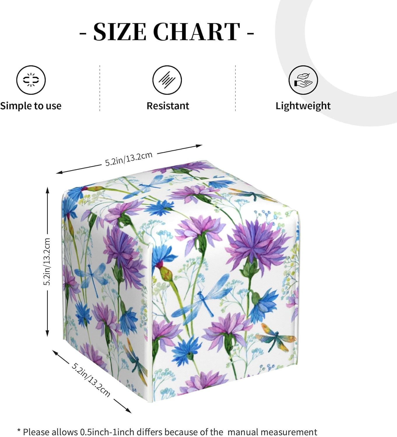 Watercolor Flowers and Dragonflies Tissue Box Cover Square,Purple Blue Floral Tissue Box Holder Waterproof Leather Facial Paper Organizer Dispenser for Bathroom Home Car Nightstand Vanity Desk