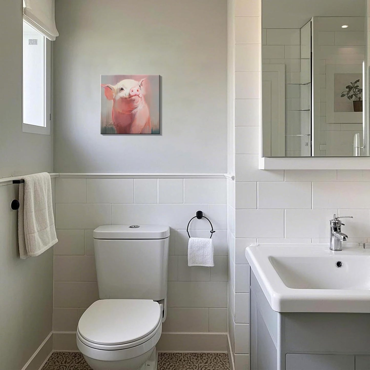 JZLDZS Cute Pink Pig Wall Art for Bathroom Nursery Decor, 12x12 Inch Ready to Hang Framed Farm Animal Canvas Print for Pig Lovers