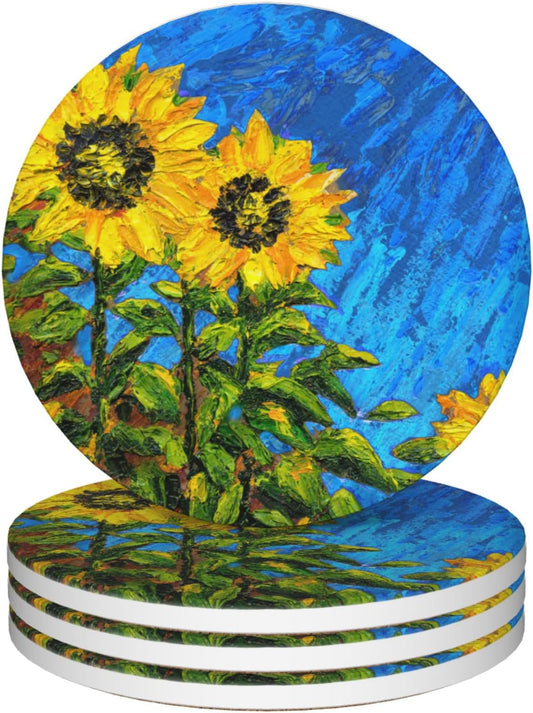 Drinks Coasters Set of 4, Sunflower Oil Painting Round 4" Cup Coasters, Absorbent Ceramic Stone Coasters with Cork Base, Cute Coasters for Table Home Décor, Ideal Gifts for Women Men