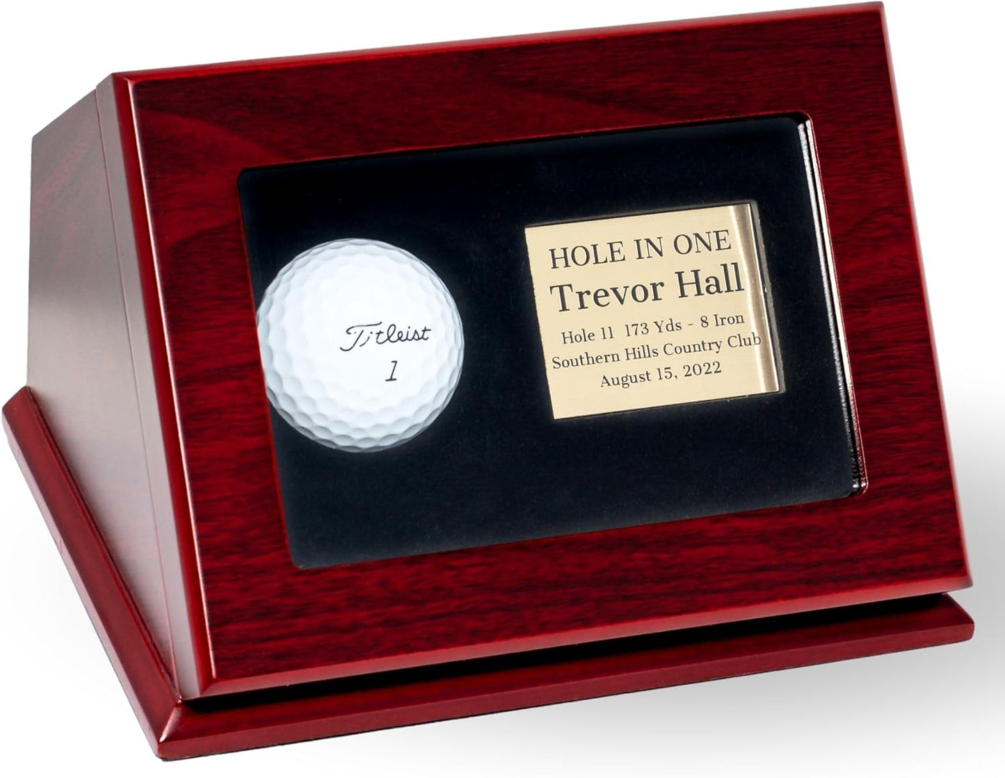 Hole-in-One Wooden Golf Ball Display Case with Custom Engraved Gold Plate - Polished Rose Wood Box with Transparent Window - Dust Protection for Golf Ball Memorabilia with Personalization