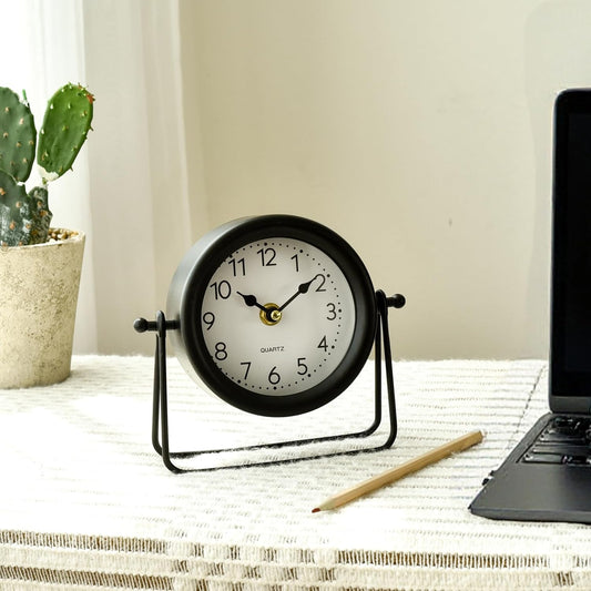 Small Black Desk and Shelf Clock, 5.9*6.9 Inch Retro Elegant Tabletop Clock with Glass Cover, Silent Non-Ticking Battery Operated Decorative Clock for Living Room, Office, Bedroom, Gift Idea