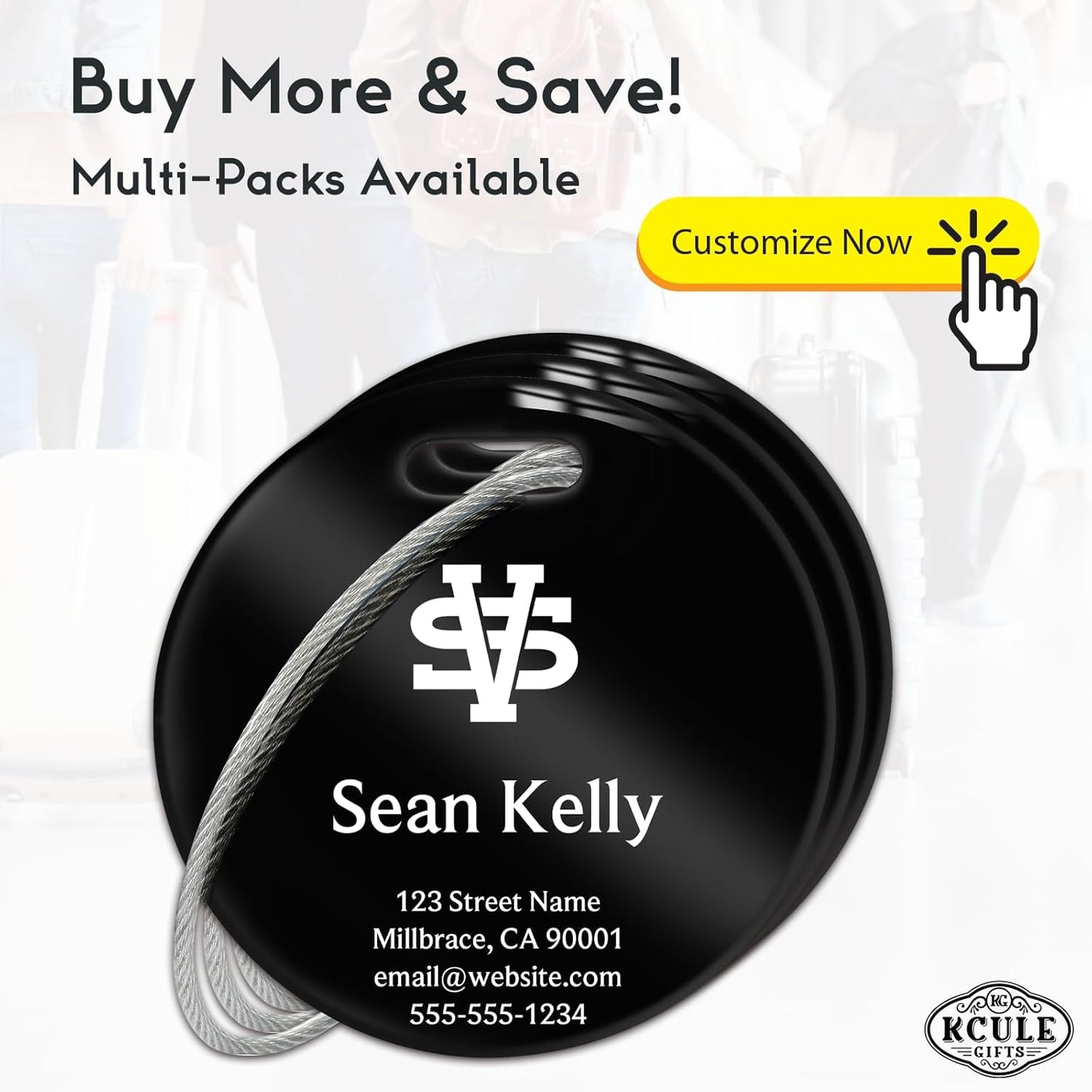 Personalized Luggage Tags for Suitcases - Stainless Steel Custom Luggage Tags for Backpacks & Bags, Sturdy, Waterproof & Heavy Duty (Black/Round)