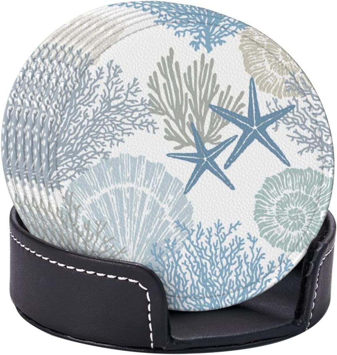 Nautical Sea Shell Star Coral Coastal Coasters for Drinks Round Leather Coaster with Holder Set of 6 for Tabletop Protection Desk Accessories Office Home Room Decor
