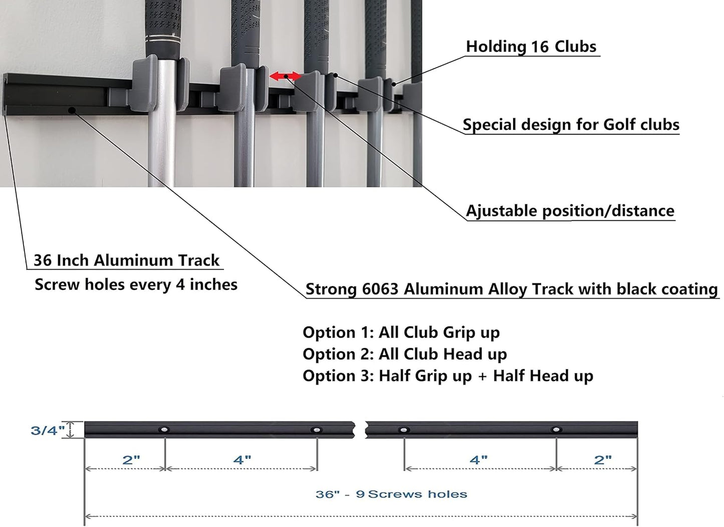 [JINTECH] Golf Club Holder, Wall Display, Wall Hanger, Rack, Mount, Organizer, Hold 16 Clubs on 36" Aluminum Rack (Half-Half Mix)