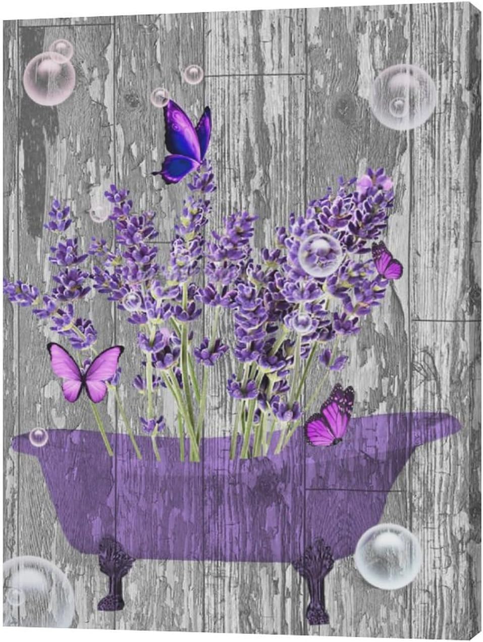 Lavender Bathroom Decor Wall Art Purple Farmhouse Bathroom Pictures for Wall Rustic Butterfly Bathtub Artwork Vintage Country Bathroom Grey White Painting Framed Bath Laundry Decorations 20"x24"