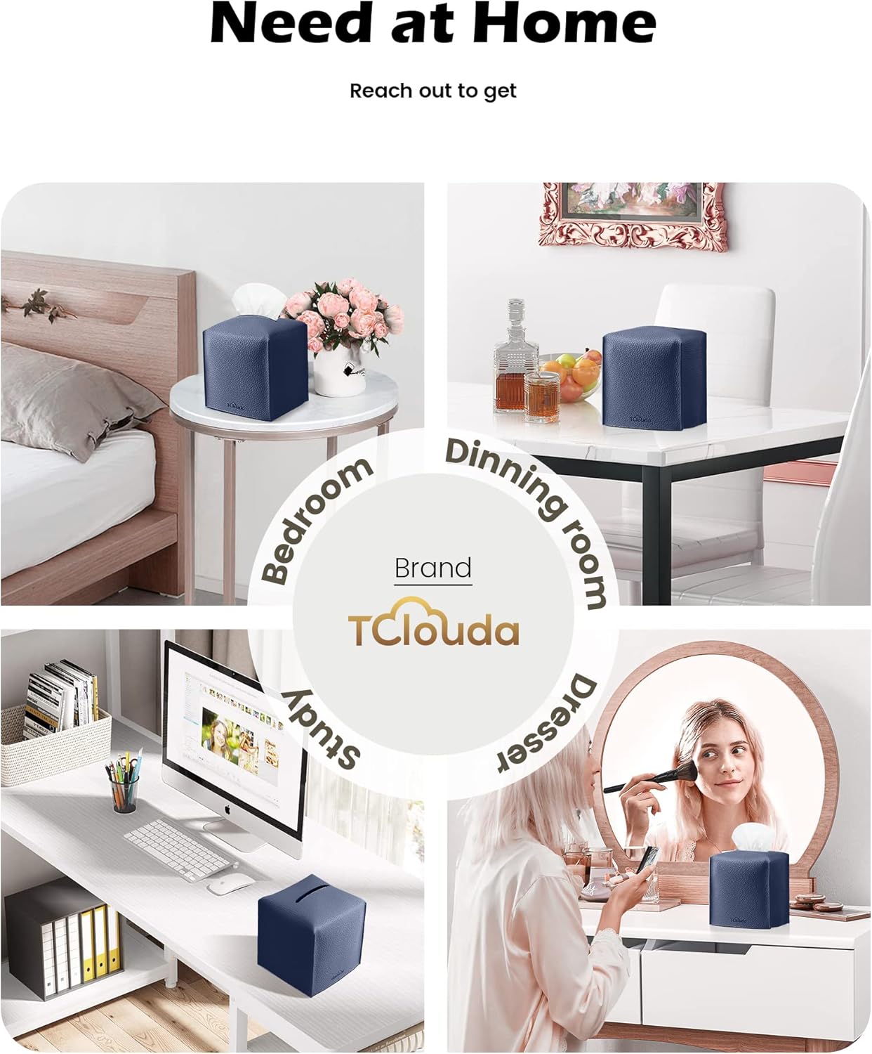 Tissue Box Cover for PU Leather, Modern Simple Solid Color Holder Square Tissue Bag, Ideal for Bathrooms,Office,Car,Outdoor Tent,Dining Table,5"X5"X5", Single Navy Blue