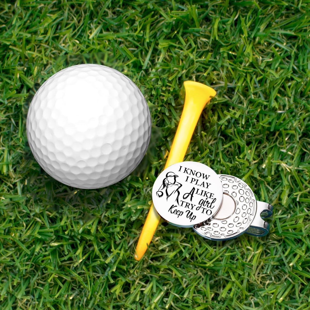 Hafhue I Know I Play Like A Girl Try to Keep Up Golf Ball Marker with Magnetic Hat Clip, Golf Gifts for Women Men, Golf Accessories for Women Men, Great Gift for Golfer, Golf Gift for Mom, Grandma