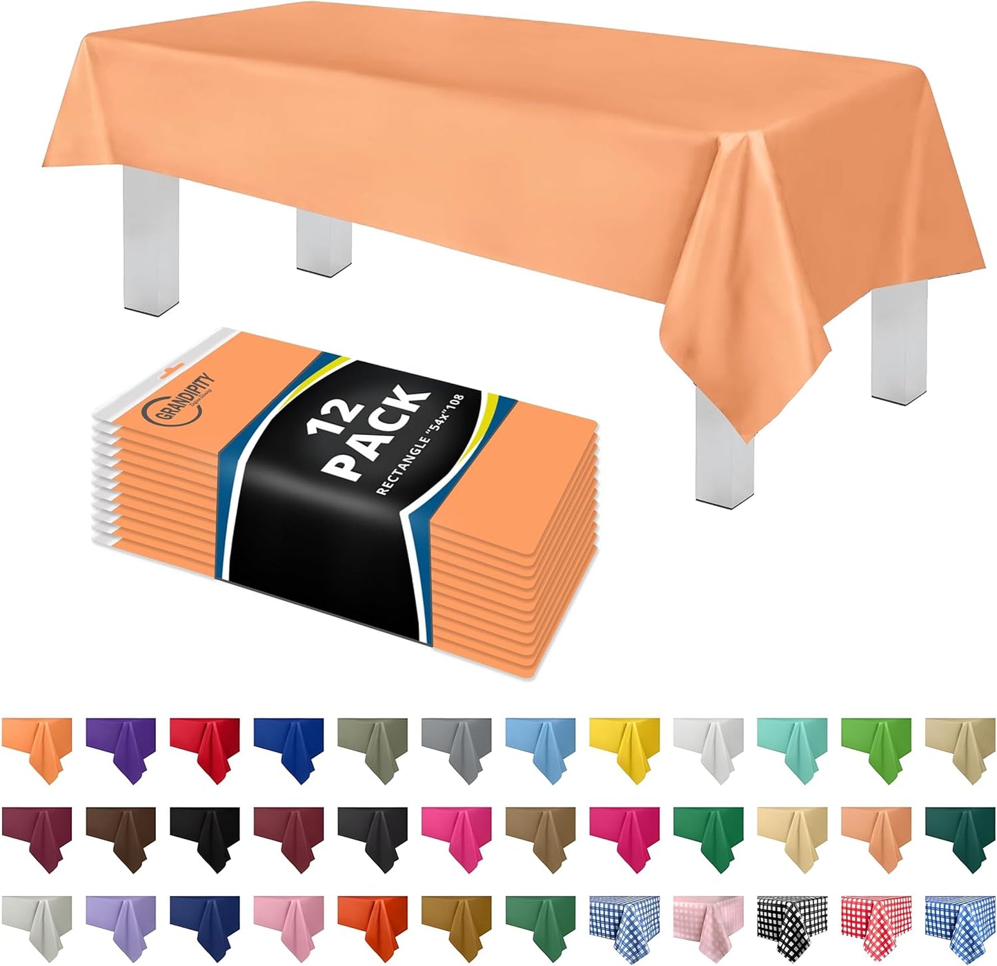 Grandipity 12 Pack Premium Disposable Plastic Tablecloth 54 Inch. x 108 Inch. Decorative Rectangle Table Cover - Peach