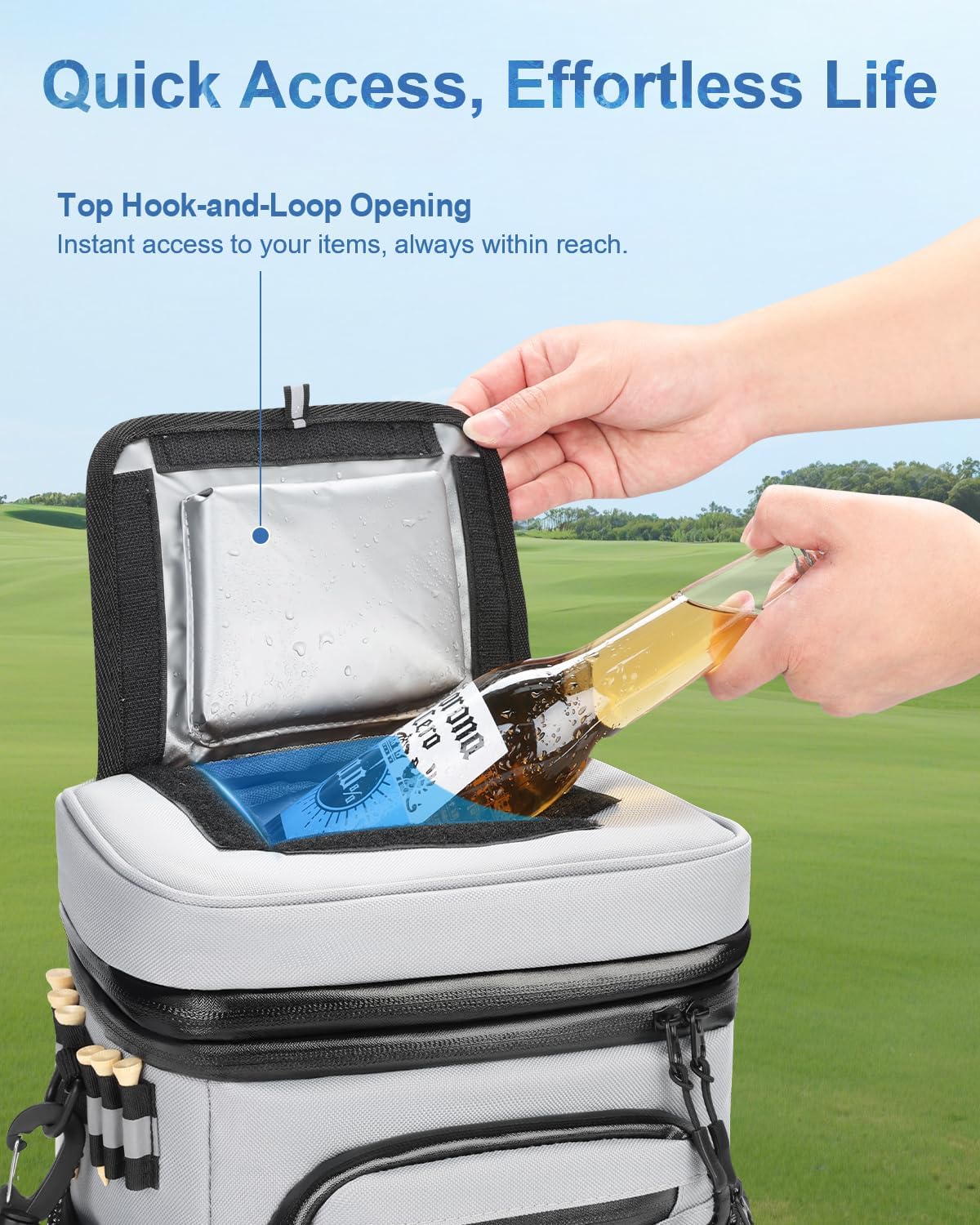 14-Can Golf Cart Expandable Cooler Bag, Soft Insulated Cooler Bag with Hook-and-Loop Lid & Golf Tees Holder for Camping & Outdoor Activities, Fits on Golf Cart Push Cart