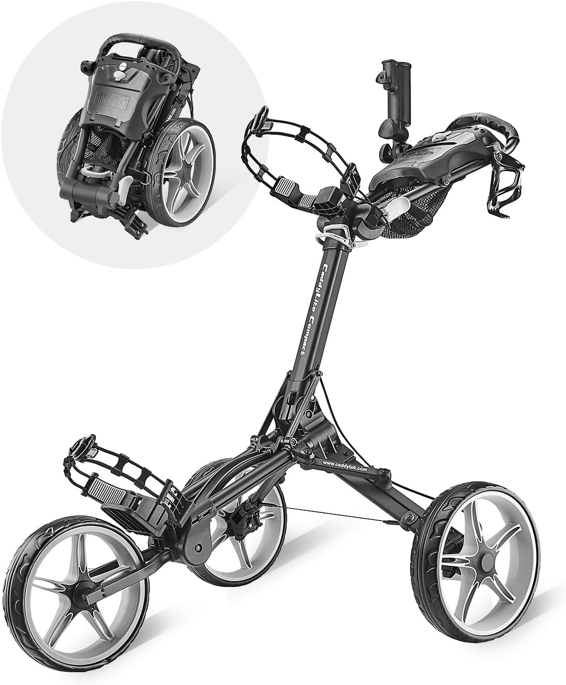 Caddytek CaddyLite Compact Golf Push Cart - Lightweight Aluminum 3-Wheel Foldable Golf Bag Cart with Quad-Fold System, EVA Wheels, Adjustable Handle, Brake, Mesh Net, Umbrella & Drink Holder