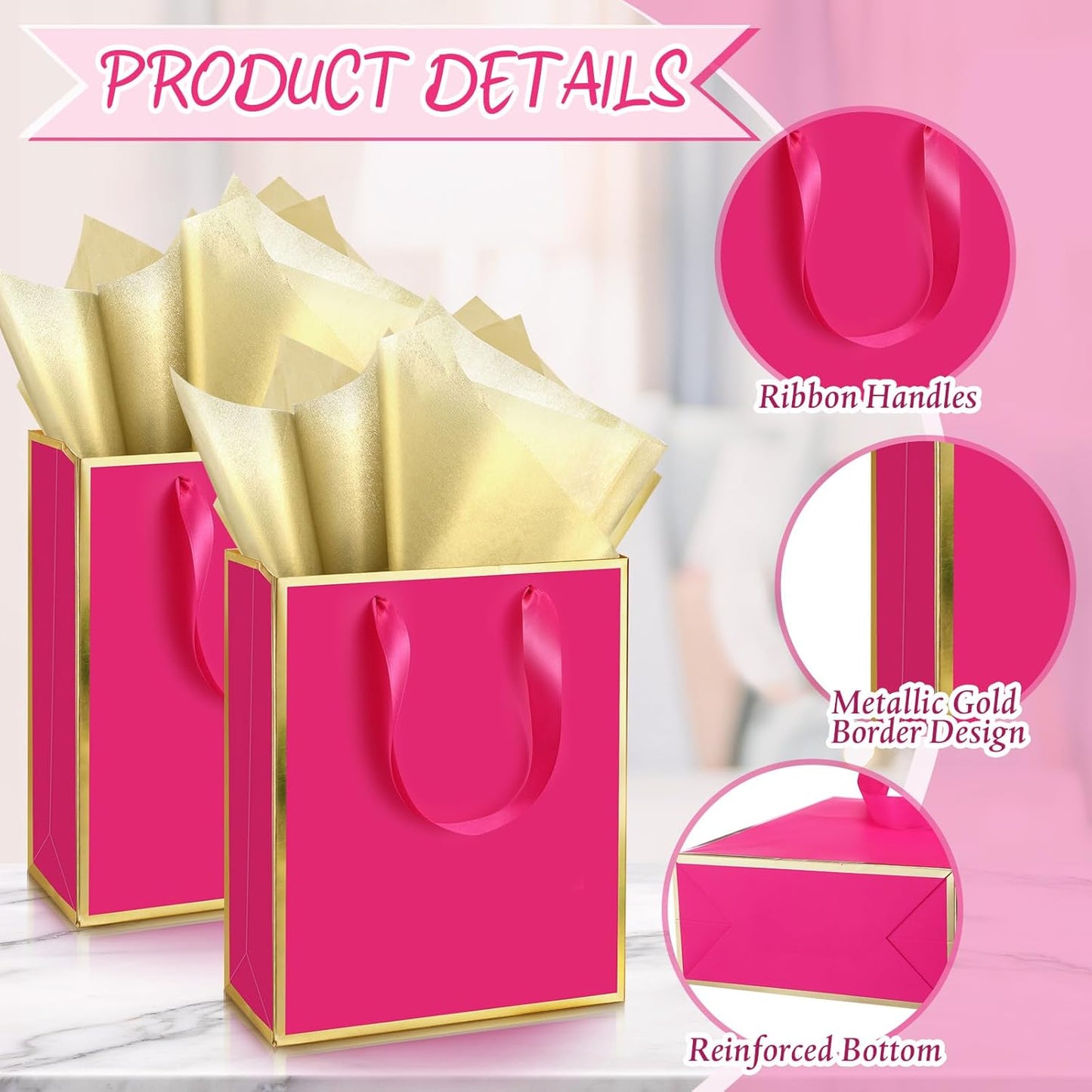 Yeaqee 24 Pack Metallic Paper Gift Bags with Handle and Tissue 9x7x3.1 Gold Foil Welcome Favor Bags Return Gifts for Wedding Fall 5 Senses Christmas Bridesmaid Birthday(Hot Pink and Gold)