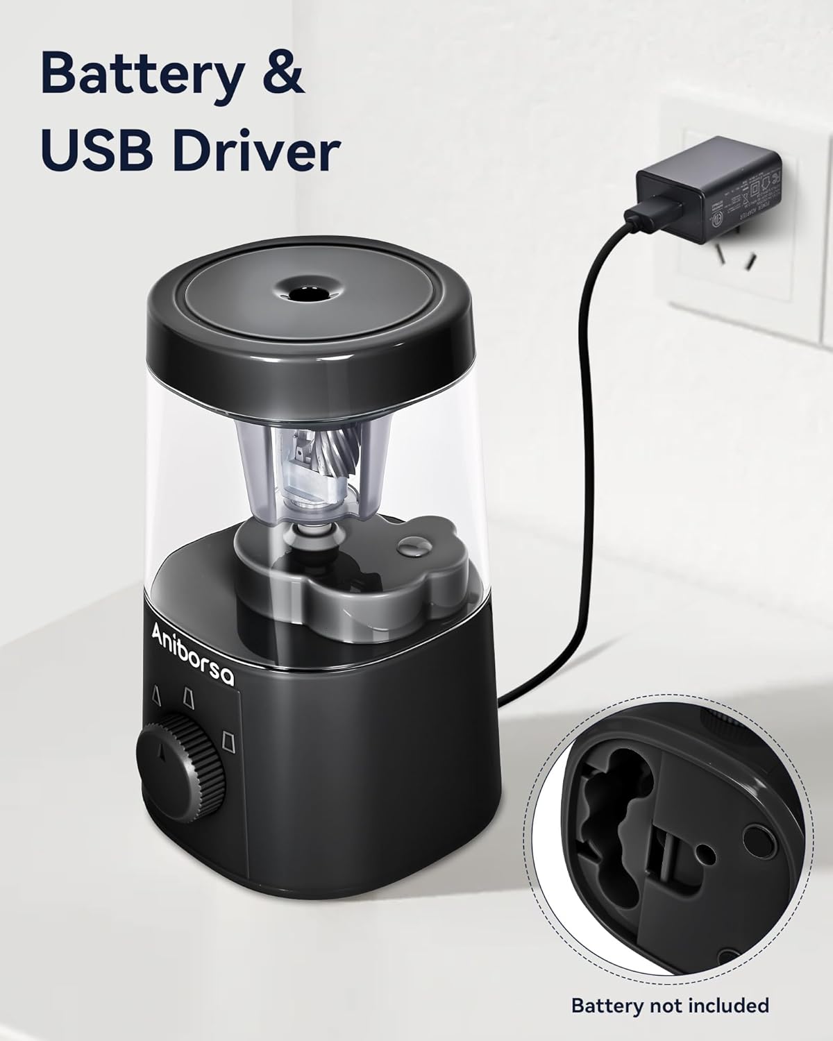 Electric Pencil Sharpener, Helical Blade Automatic Pencil Sharpener, Battery/USB Cord Operated Adjustable Sharpness for 6-8 mm Pencil, Classroom, School, Office, Home, Black