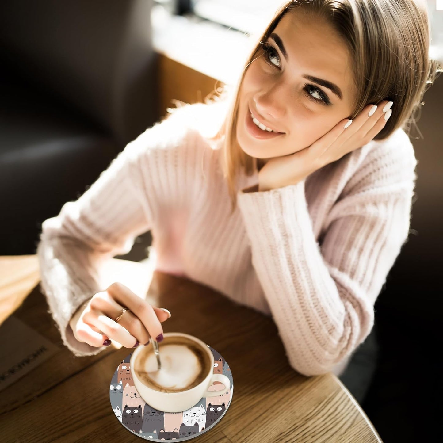 Coasters for Drinks,Cute Cat Gray Cats Absorbent Coaster Set of 4 with Cork Base,Ceramic Drink Coasters for Cold Drinks Wine Glasses Cups Mugs,Housewarming Gifts for Home Decor