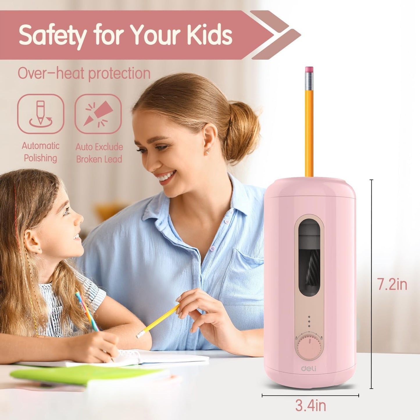 Deli Electric Pencil Sharpener - Fully Automatic, Auto in & Out, Rechargeable Hands-Free for 6.9-12mm - Home, Classroom, Battery Operated, Pink