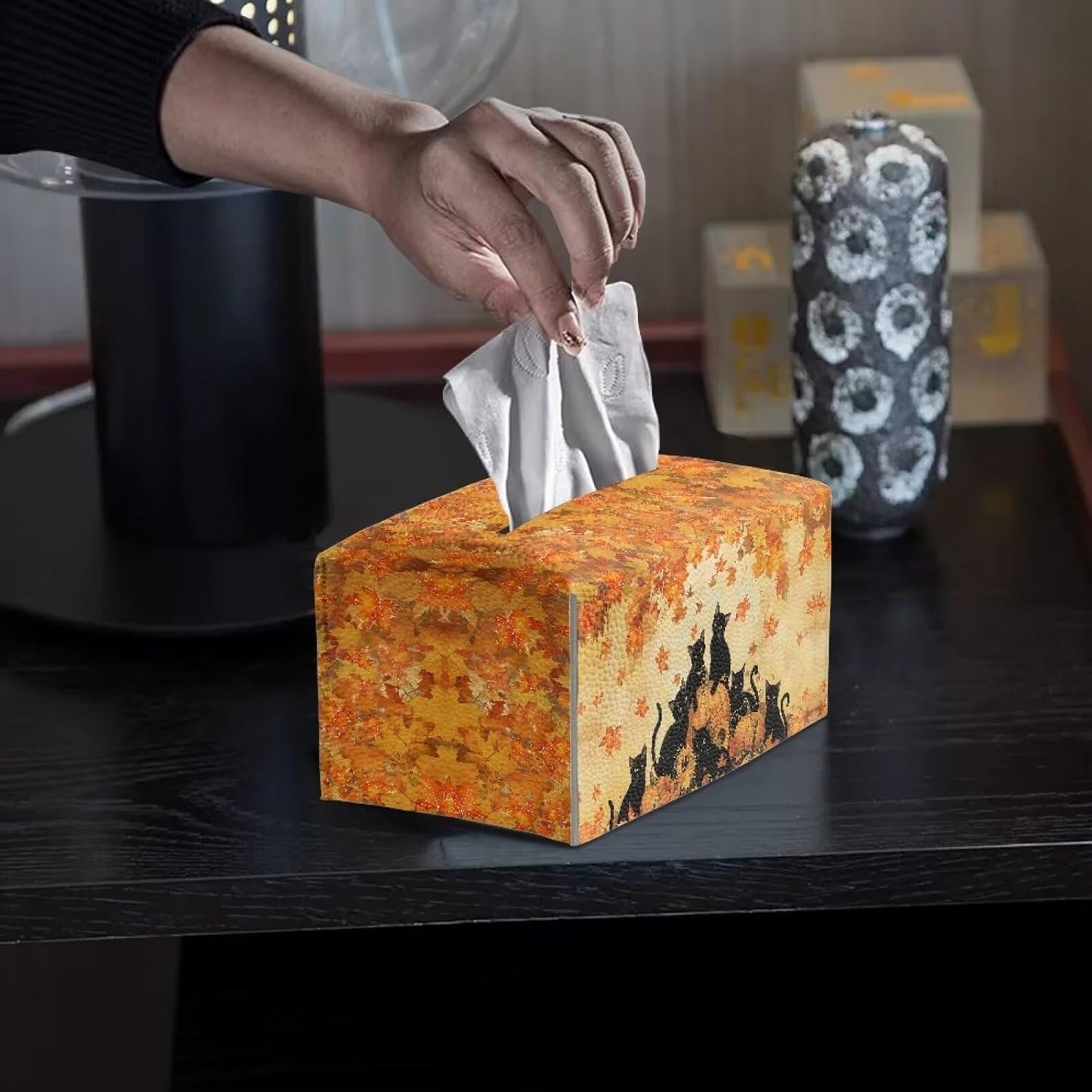 Fall Tissue Box Cover Rectangular Black Cat Maple Leaf Pumpkin Print 9.7"x5.2"x5.12" PU Leather Tissue Cover Decorative Organizer with Bottom Belt Easy to Install Car Decoration