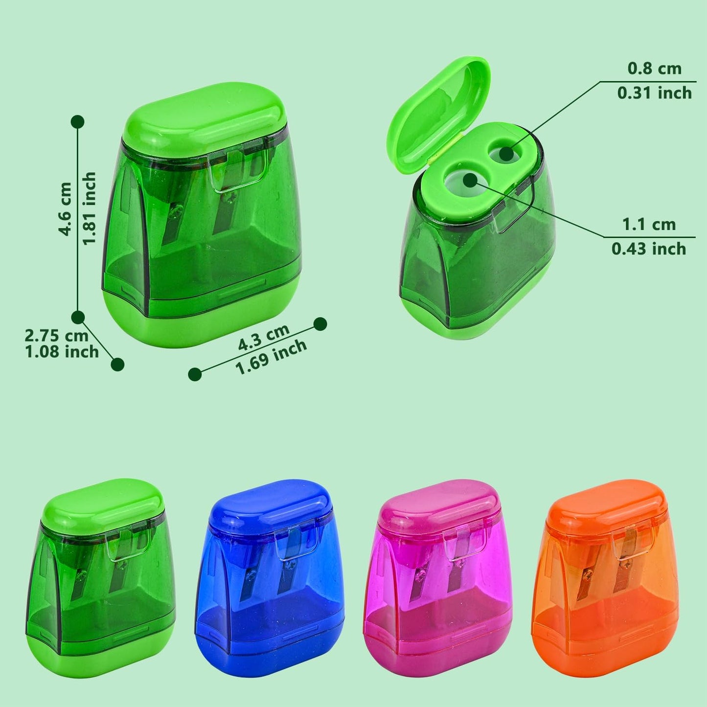 AUSTARK 24Pcs Pencil Sharpener Manual, Assorted Color Small Dual Hole Pencil Sharpeners Bulk with Lid for School Office Home (Geometry-24)