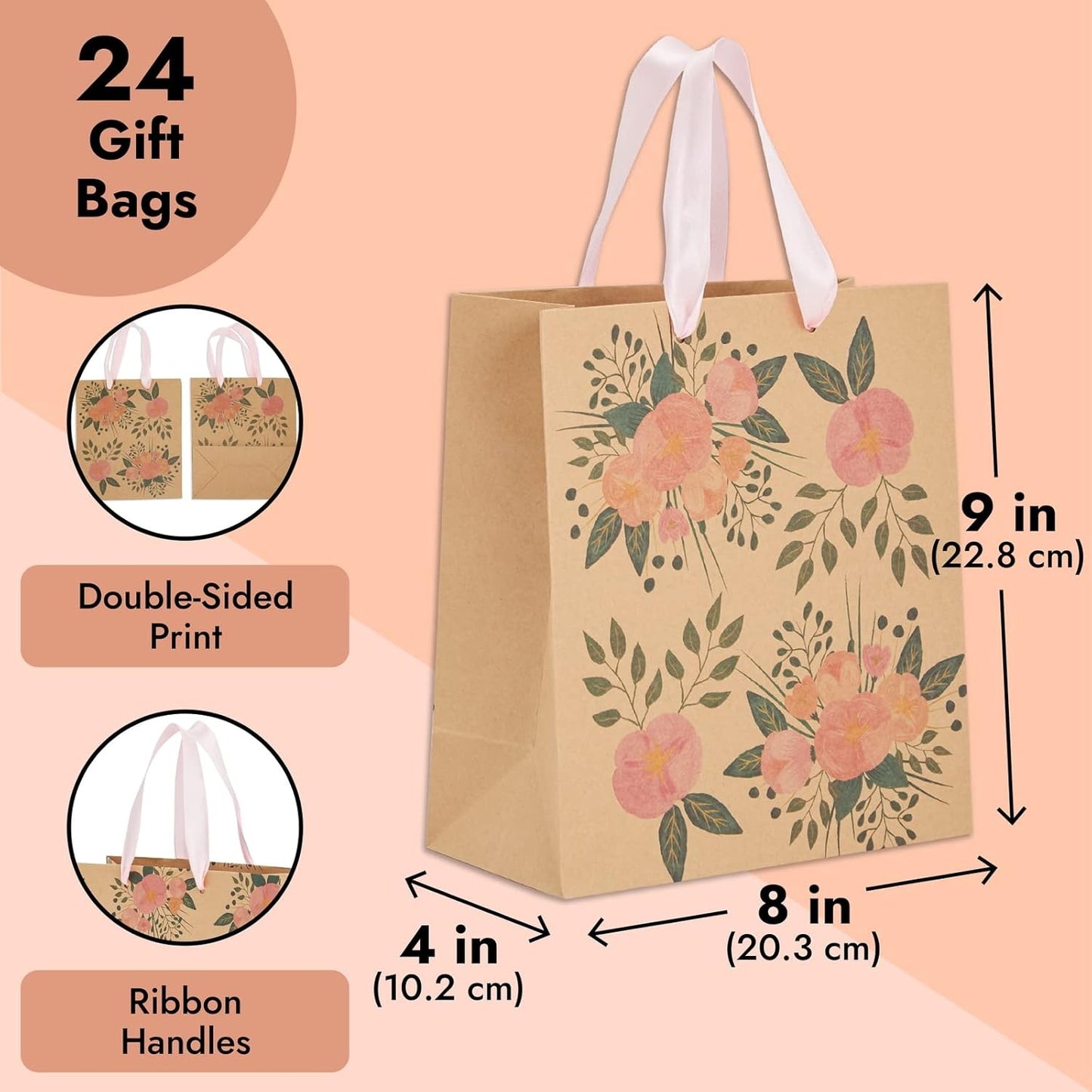 Juvale Floral Gift Bags - 8 x 4 x 9 in - Pink Ribbon Handles - Durable Paper with Reinforced Bottom - For Party Favors & Return Gift Bags