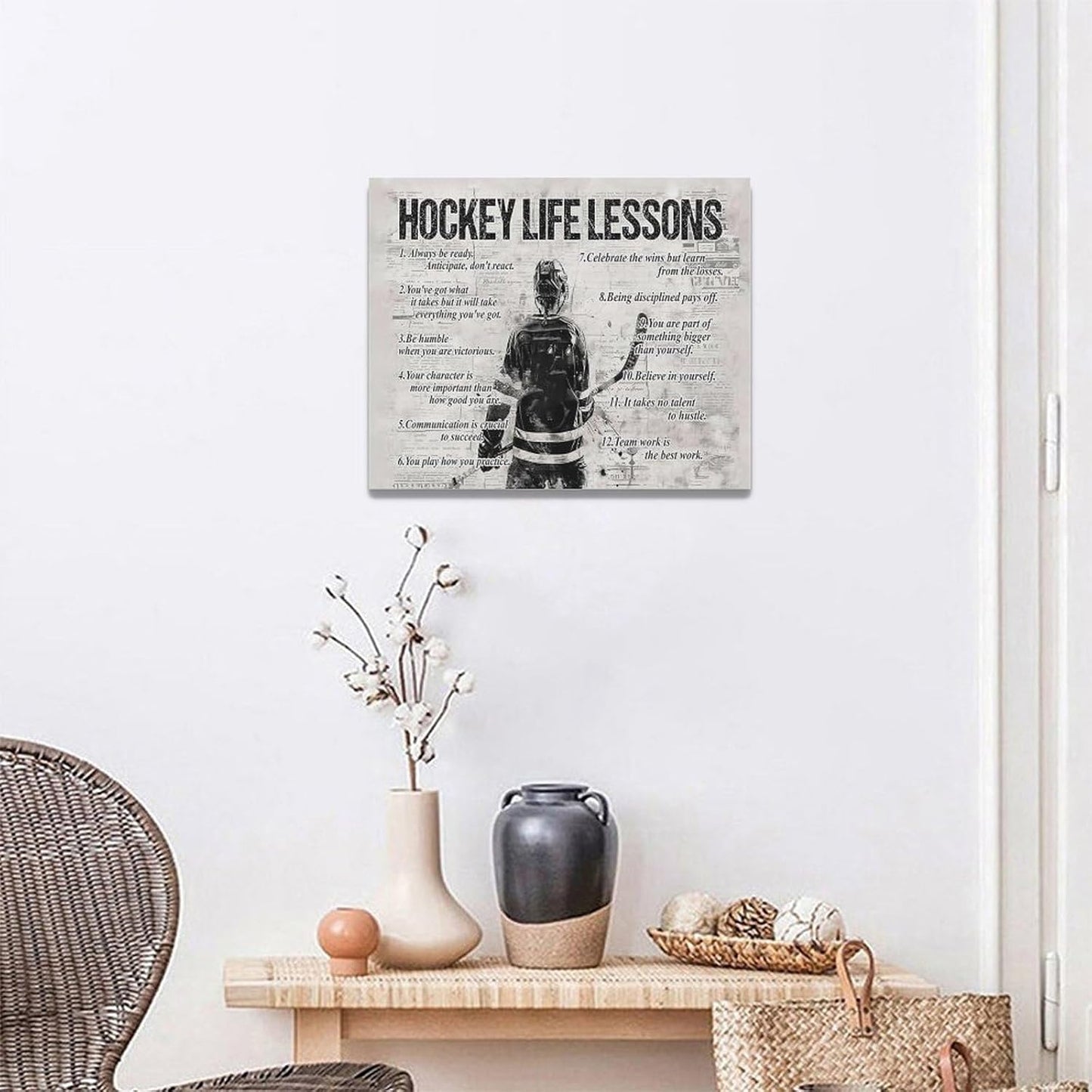 Hockey Sports Wall Art Hockey Life Lessons Wall Decor Hockey Sign Retro Poster Boy Men Motivational Decorations Canvas Print Painting Artwork for Bedroom Bathroom Living Room Gym 20"x16"