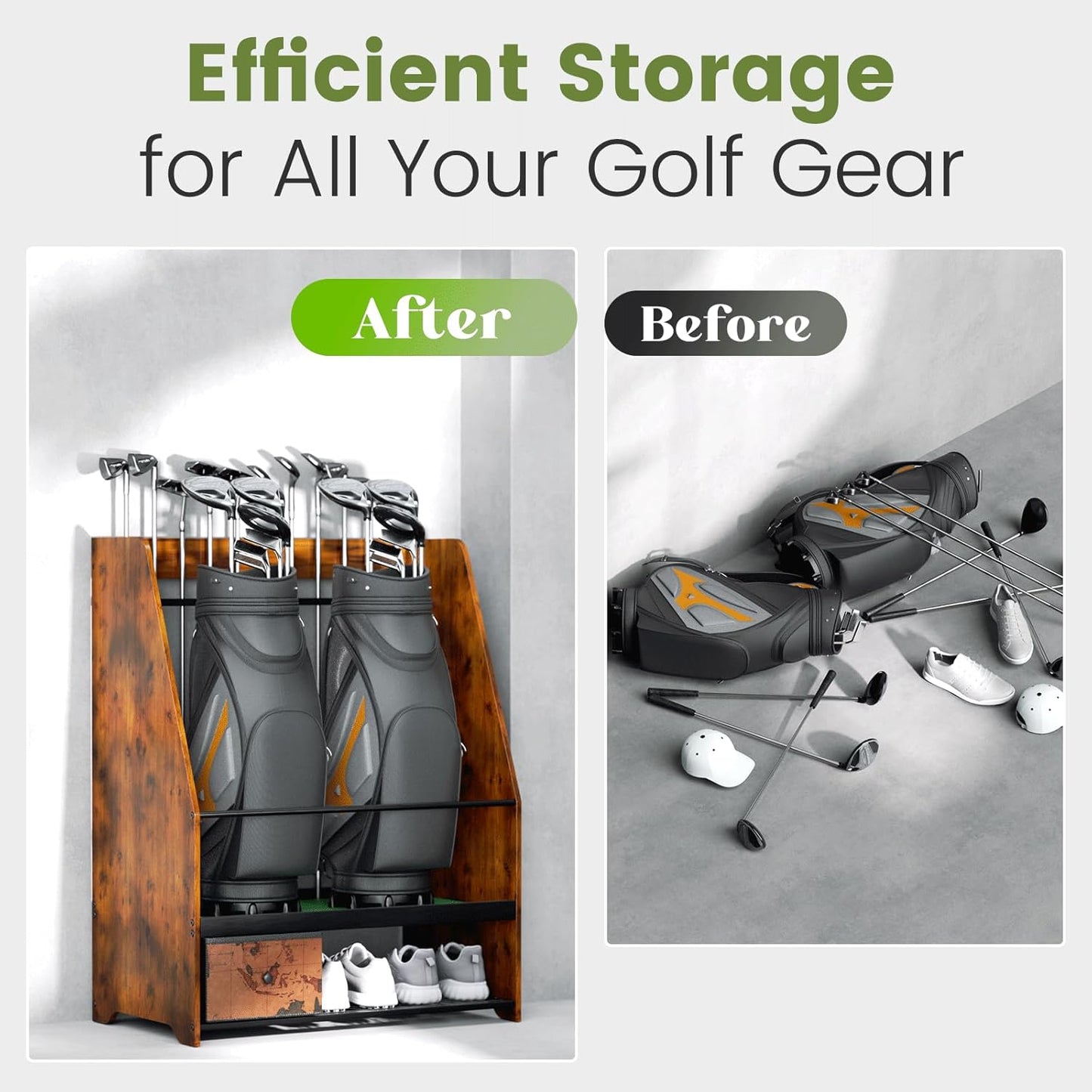 Golf Bag Organizer Rack – Large Wooden Golf Storage for 2 Bags, Clubs & Accessories with Dustproof Drawer, Sports Equipment Rack for Garage, Practice Room, Home or Office (Black)