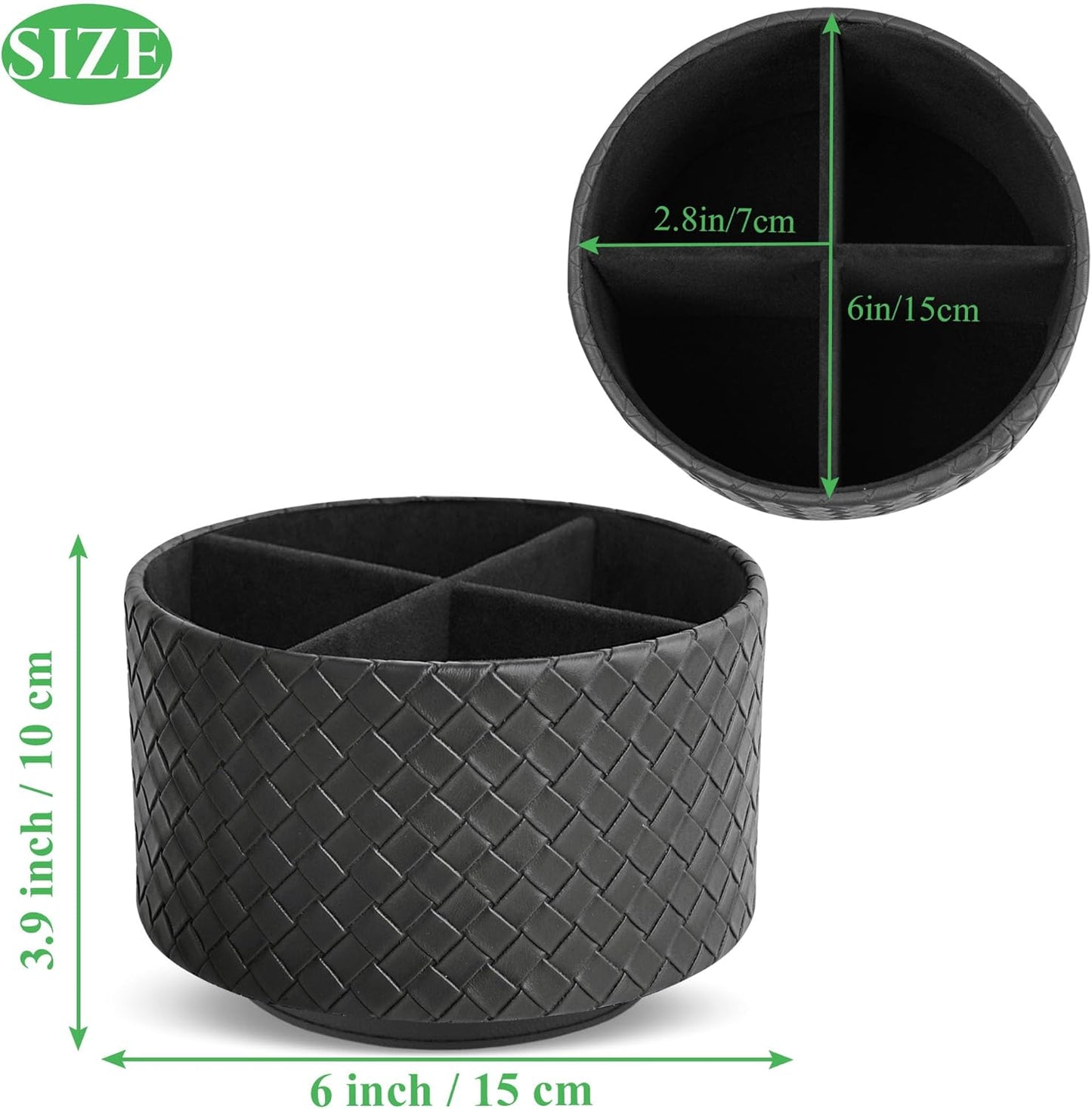 Hennaja Round Leather Art Supply Organizer,Remote Control Holder,360 Degree Spinning,Multi-Functional Pencil Holder,4 Compartments Desktop Stationary Organizer(1-Weave Black)