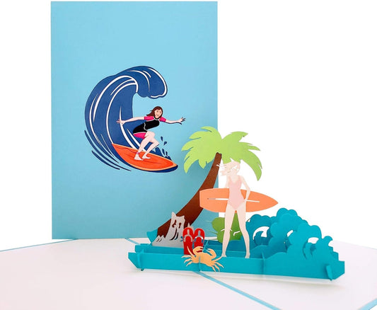 iGifts And Cards Wave Rider 3D Pop-Up Greeting Card, 5" X 7", Unique Girl Surfing Design for Beach Lovers, Birthday, Special Occasions, and Celebrations