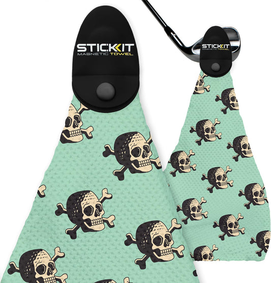 STICKIT Magnetic Seafoam Green Golf Towel with Golf Ball Skulls | Top-Tier Microfiber Golf Towel with Deep Waffle Pockets | Industrial Strength Magnet for Strong Hold to Golf Carts or Clubs
