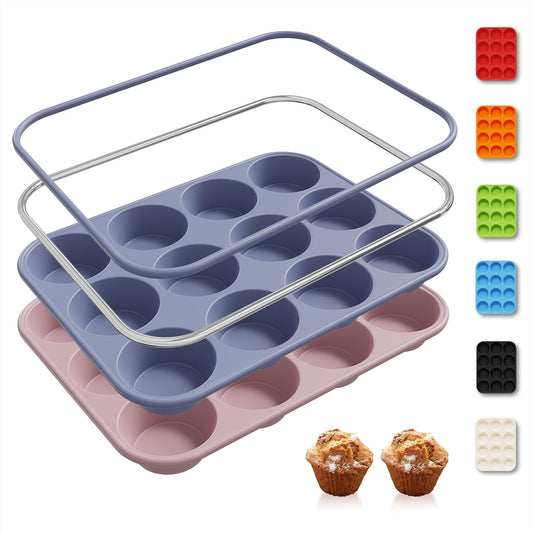 2 Pack 12 Cups Silicone Muffin Pan with Metal Reinforced Frame Regular Size Silicone Molds Cupcake Cake Baking Pans Baking Mold Best Baking Pans Tart Pan Sheet Set Reusable Cupcake Liners