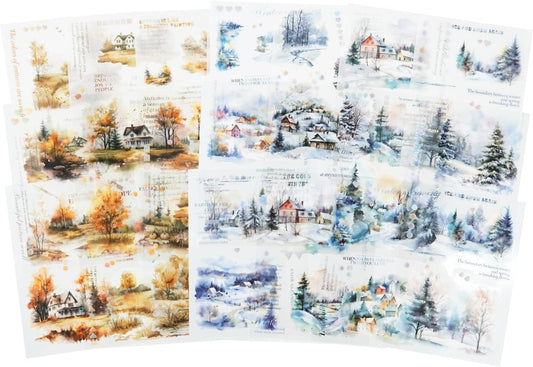 Pre-Cut Seasons Sticker Book Set, 40PCS Autumn and Winter PET & Washi Stickers for Scrapbooking, Journaling, DIY Crafts, and Art Supplies