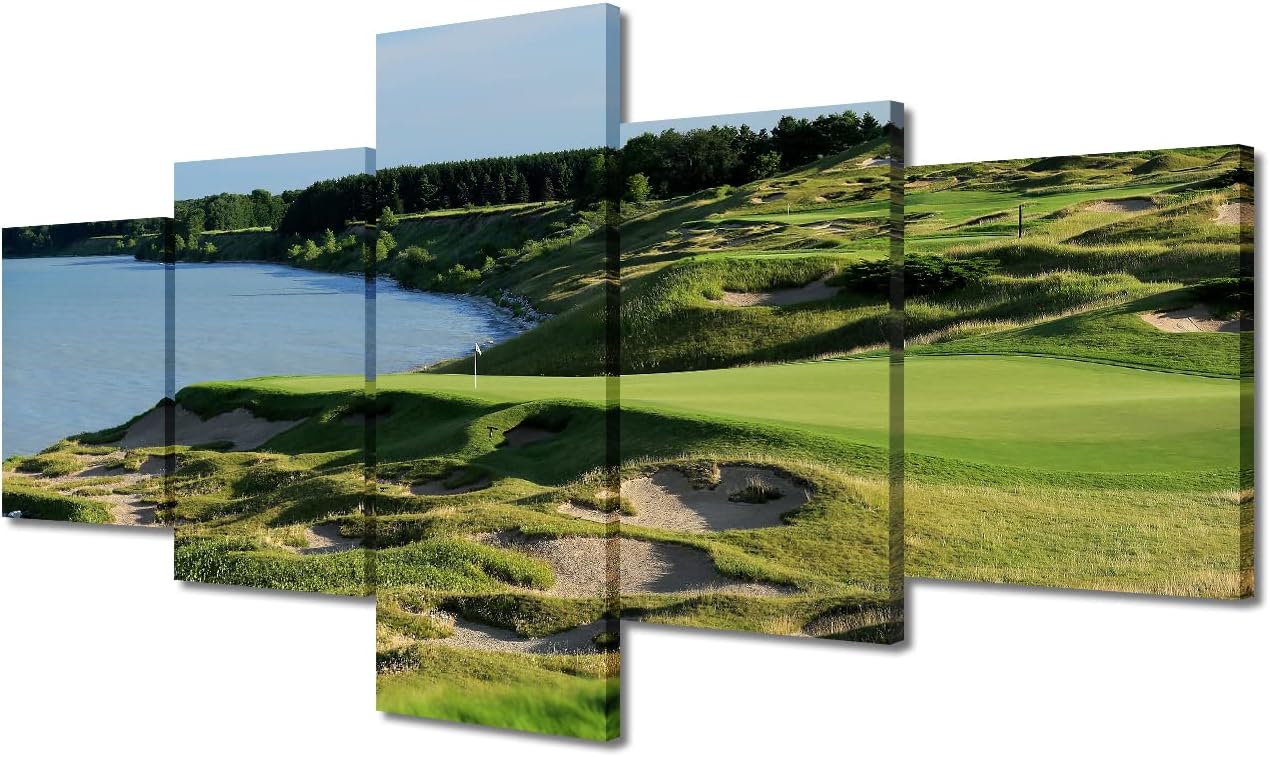 Golf Course Wall Art Canvas Painting Whistling Straits American Home Decor Green Pictures for Living Room Bedroom Office Wall Decorations 5 Piece Set Stretched and Framed Ready to Hang - 50"W x 24"H