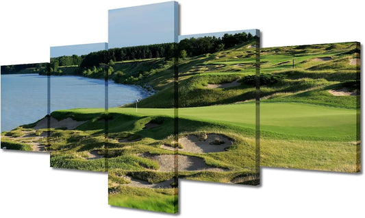 Golf Course Wall Art Canvas Painting Whistling Straits American Home Decor Green Pictures for Living Room Bedroom Office Wall Decorations 5 Piece Set Stretched and Framed Ready to Hang - 50"W x 24"H