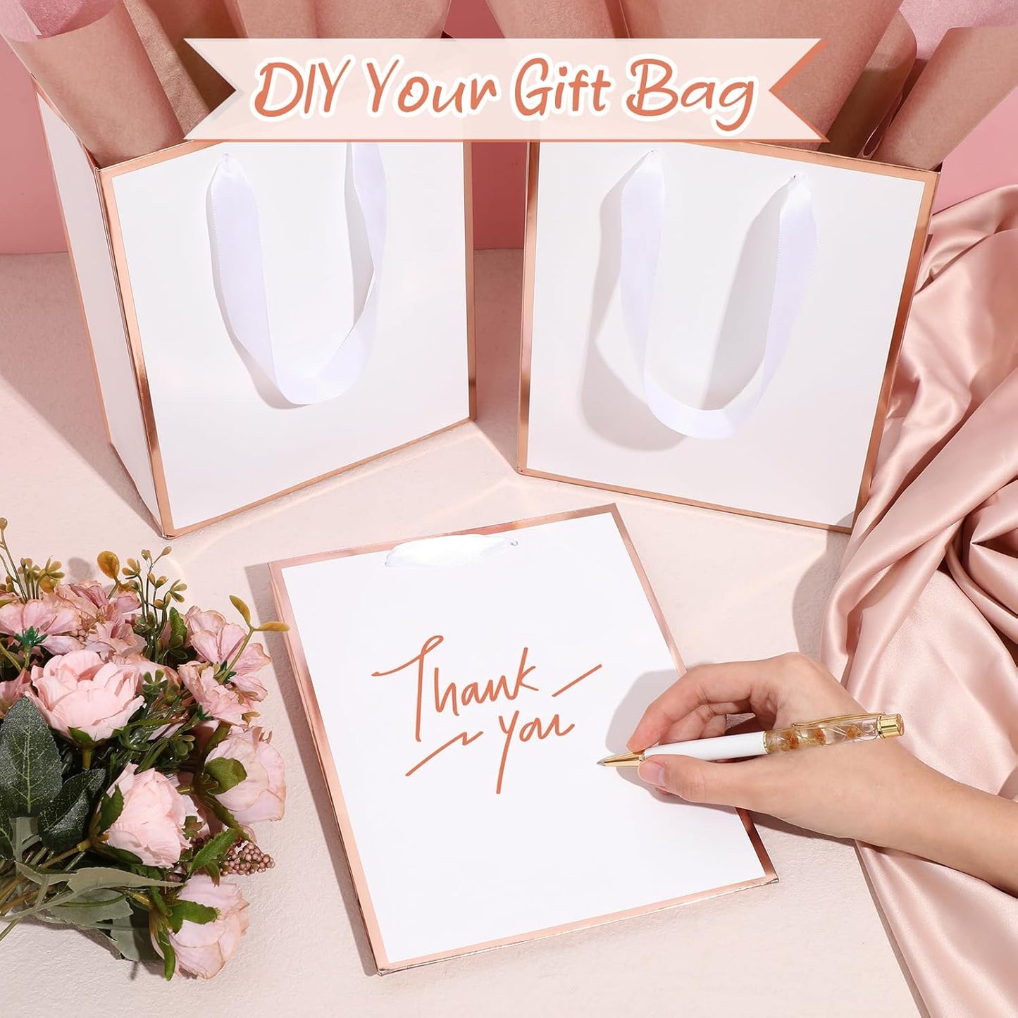 Yeaqee 24 Pack Metallic Paper Gift Bags with Handle and Tissue 9x7x3.1 Gold Foil Welcome Favor Bags Return Gifts for Wedding Fall 5 Senses Christmas Bridesmaid Birthday(White, Rose Gold)