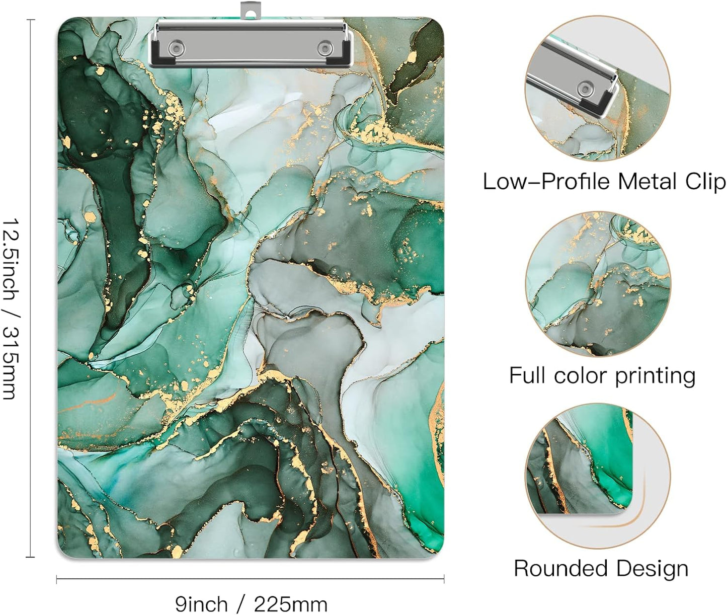 Plastic A4 Clipboards, Cute Clip Board Stardard Letter Size 9 x 12.5 in, Office Decorative for Students Women Men and Kids, Green Marble