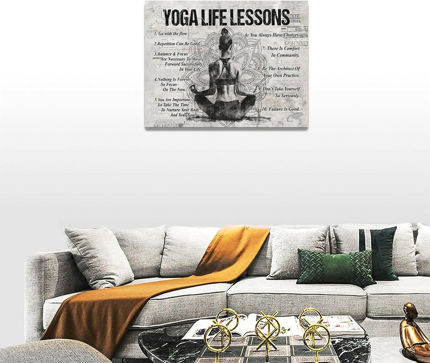 Yoga Life Lessons Wall Art - Retro Poster Motivational Decor Canvas Print for Bedroom, Bathroom, Living Room, Gym - 16x12