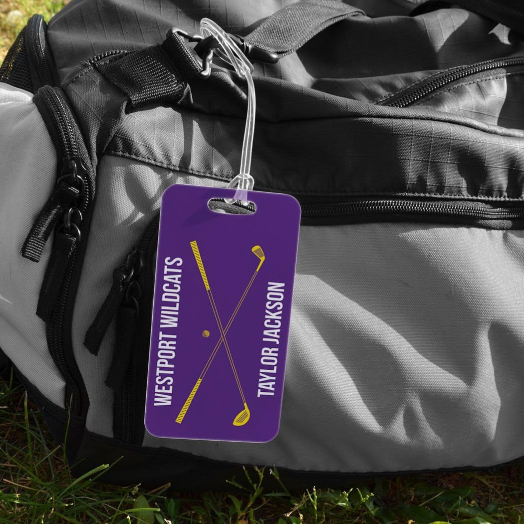 ChalkTalkSPORTS Golf Luggage & Bag Tag | Personalized Crossed Golf Clubs | Standard Lines on Back | Large | Purple/Yellow