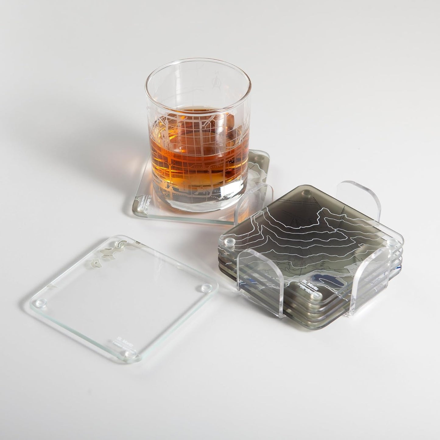 St. Moritz, Swiss 3D Contour Map Glass Drink Coasters of Mountains, Ski Resort, Set of 6 with Holder, Housewarming Birthday Gifts, Home Decor