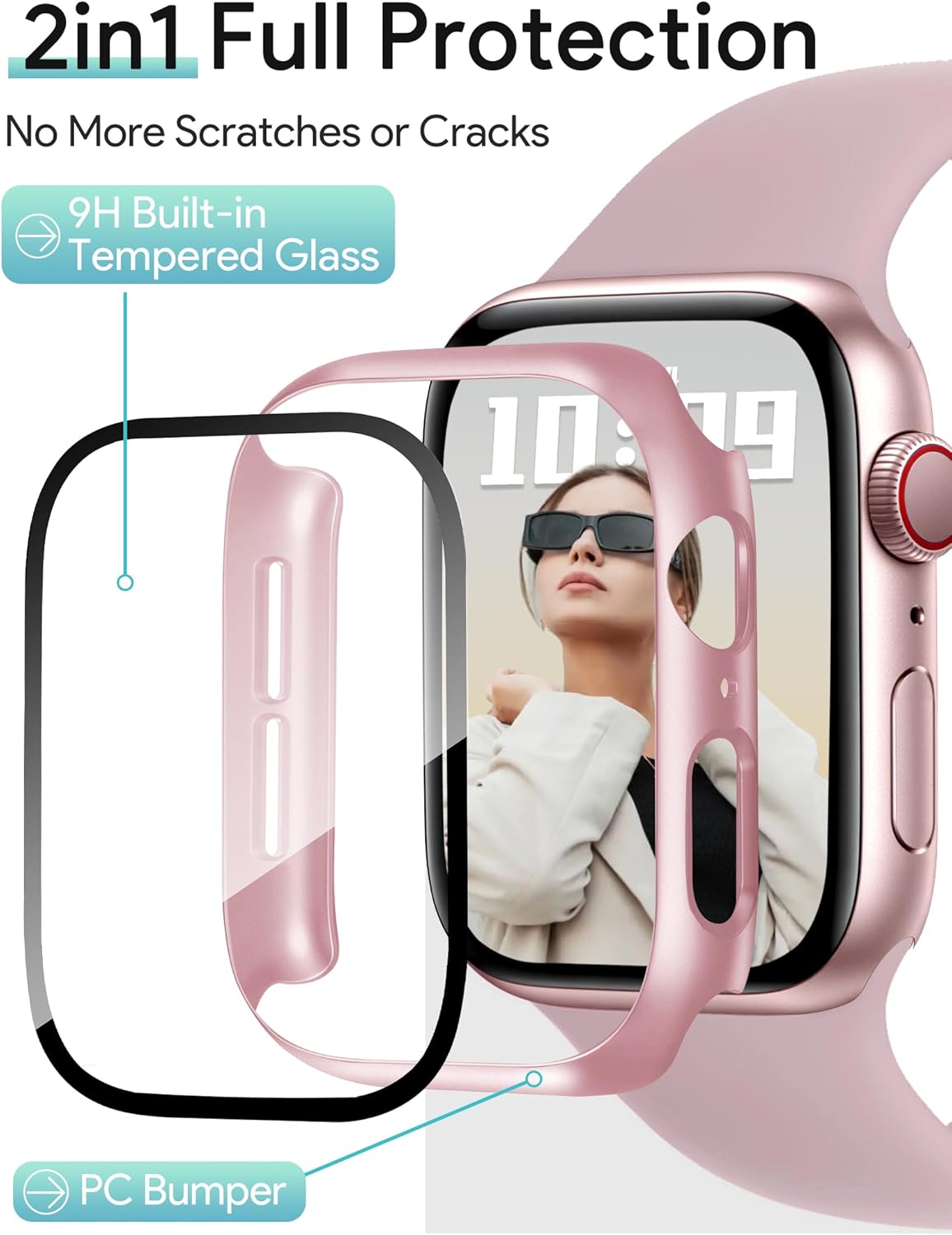 JR.DM 46mm 2 Pack Hard PC Case with HD Tempered Glass Screen Protector for Apple Watch Series 10/11 (2025), Guard Bumper Full Coverage Protective Anti-Scratch Face Cover for iWatch, Pink/Clear