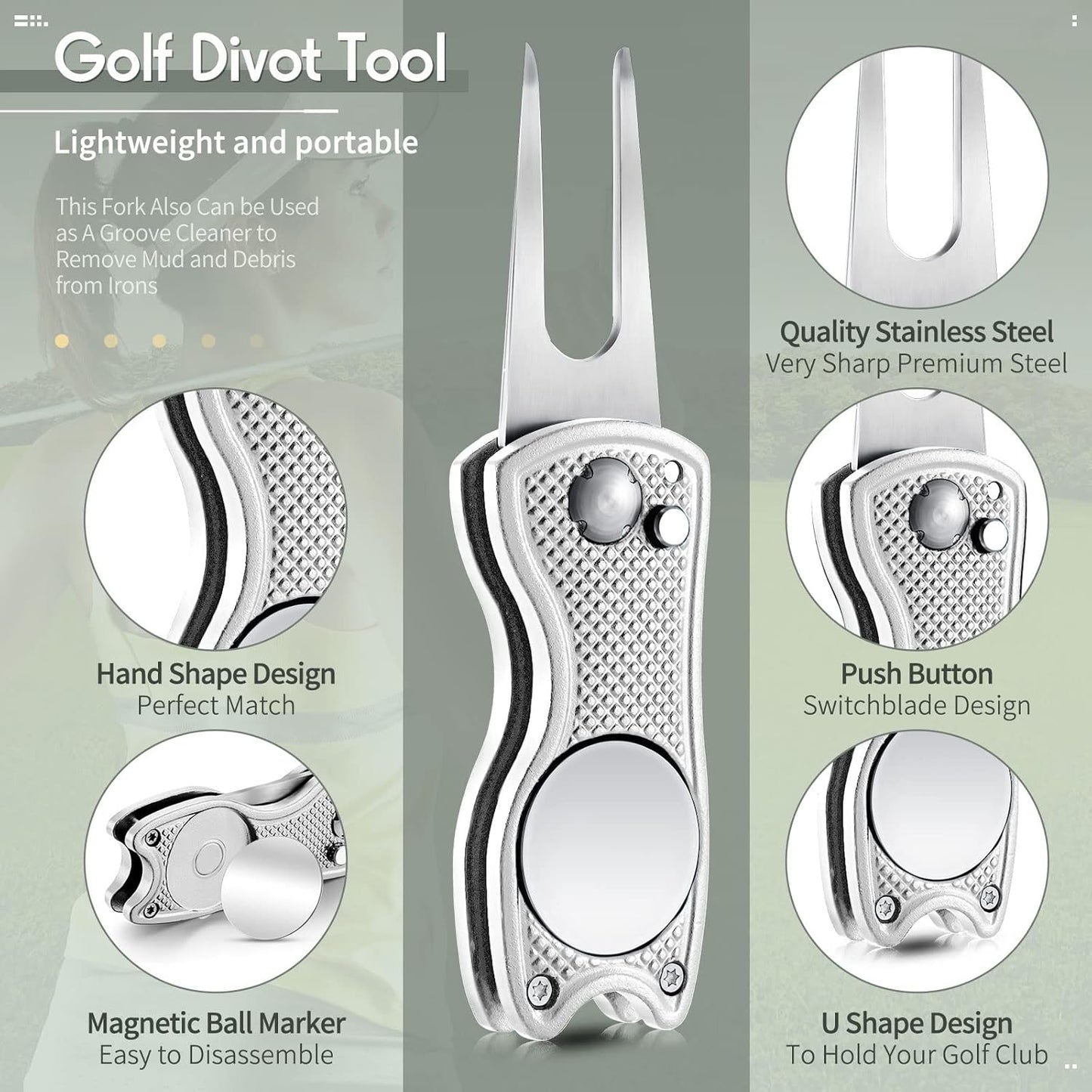 Skylety 4 Pcs Golf Divot Repair Tool Metal Foldable Golf Divot Tool with Magnetic Pop-up Button Ball Marker Stainless Steel Switchblade for Golfers Prizes