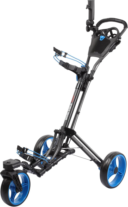 Golf Push Cart 3 Wheel with 360 Rotating Front Wheel, One Second to Open & Close, Lightweight Folding Golf Pull Cart with Foot Brake, Umbrella Holder, Cup Holder, & Storage Compartment