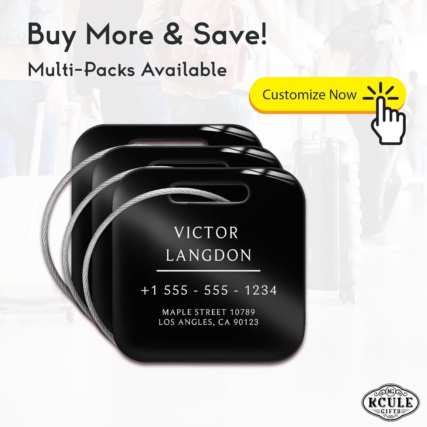 Stainless Luggage Tags for Suitcases: Metal Personalized Luggage Tags and Bags with Customizable Texts (Black)