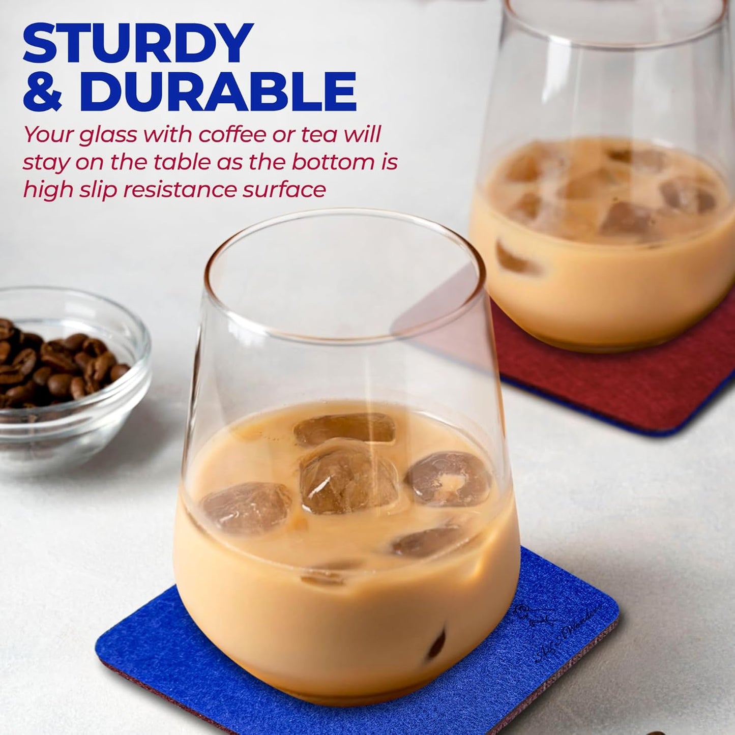 A&A Wonders Premium Felt Coasters for Drink, Two-Tone Reversible, Absorbent Felt Protects Furniture, Table, Anti Slip, Suitable for Drinks & All Table Types (Wine Red/Royal Blue, Square 6 Pack)