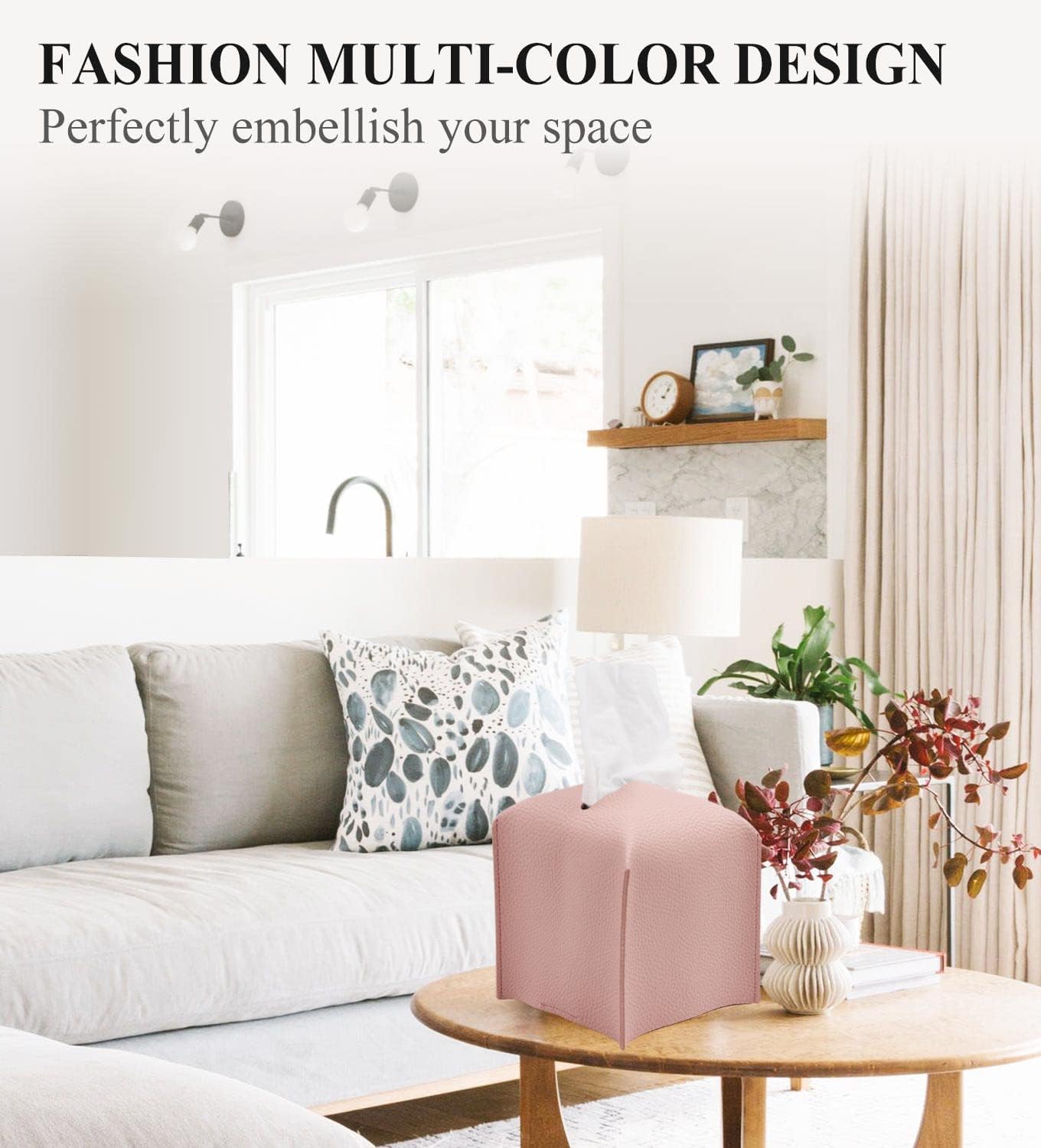 Livelab Tissue Box Cover Holder, Square Modern Decoration PU Leather Facial Tissues Case Roll Paper Dispenser for Bathroom Vanity Countertop, Night Stands, Office Desk Car 5X5X5'' | Pink