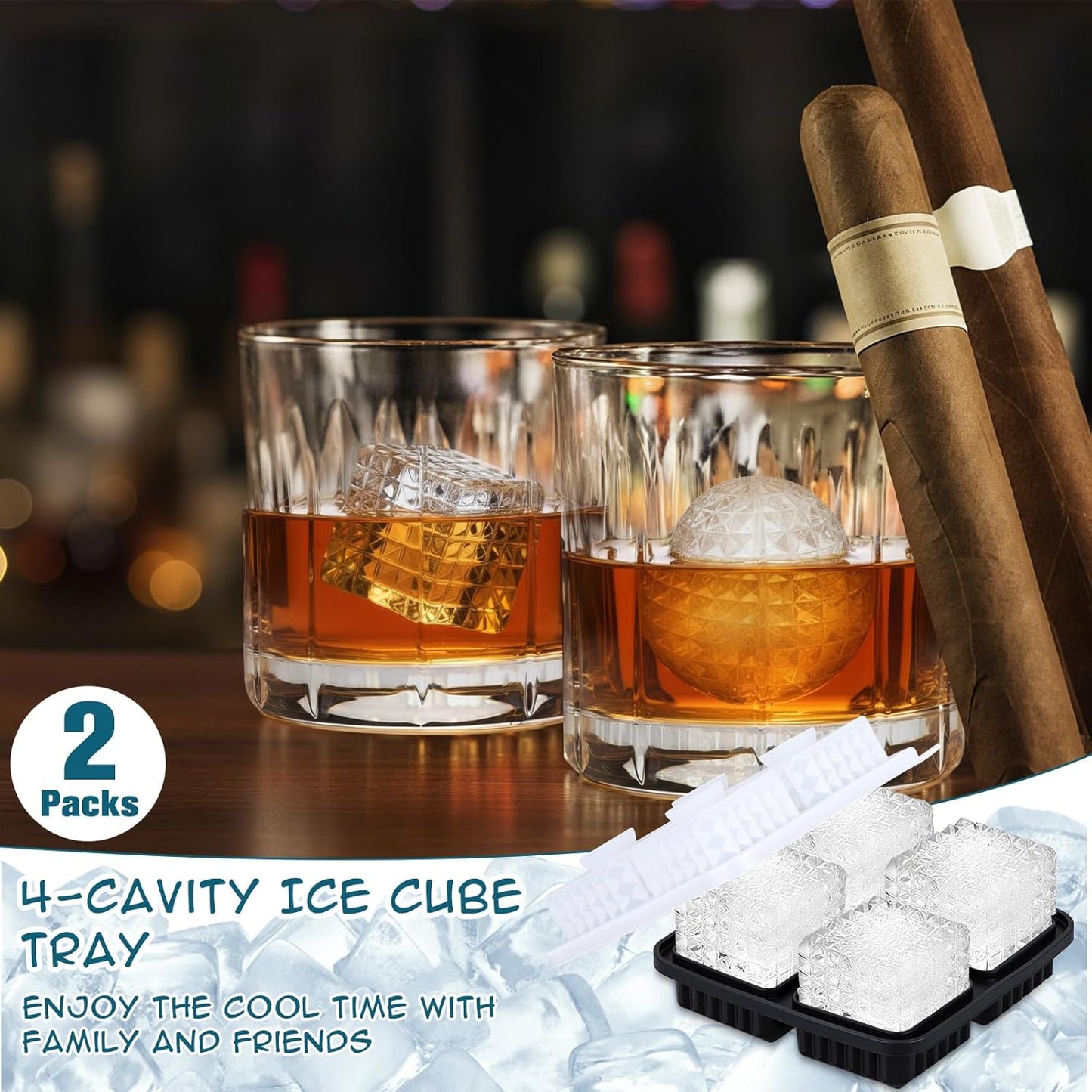 Hoolerry 2 Pcs Silicone Ice Cube Tray Large Square Sphere Golf Ice Tray 4 Hole Fun Shapes Big Ices Cube Mold with Funnel for Whiskey Cocktails Bourbon Chilling White Elephant Gifting(Round,Square)
