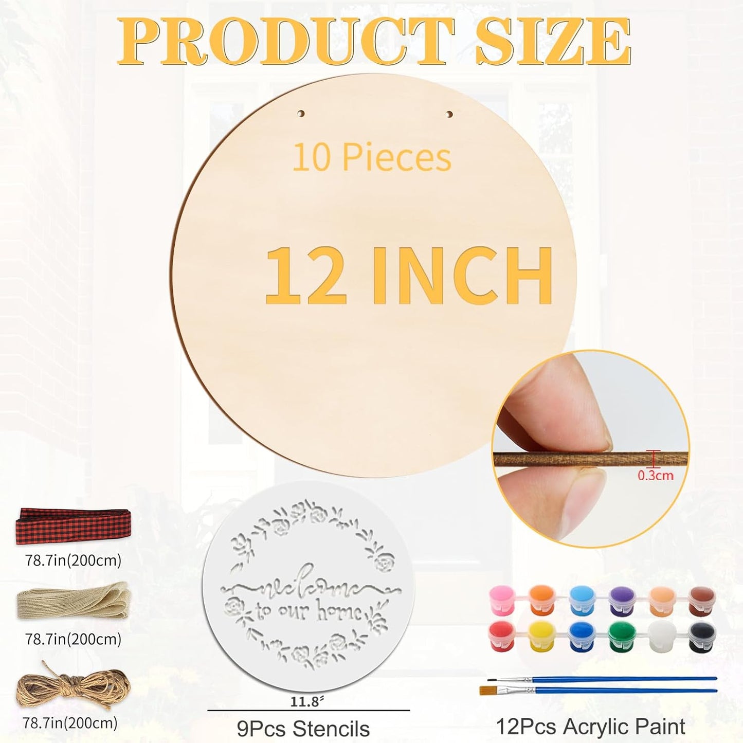 12 Inch Wood Circles for Crafts, 10Pcs Unfinished Wood Rounds with 9Pcs Welcome Stencils & 12Pcs Painting, DIY Wooden Crafts for Door Hanger, Wood Burning, Painting, Thanksgiving Day Christmas Decor
